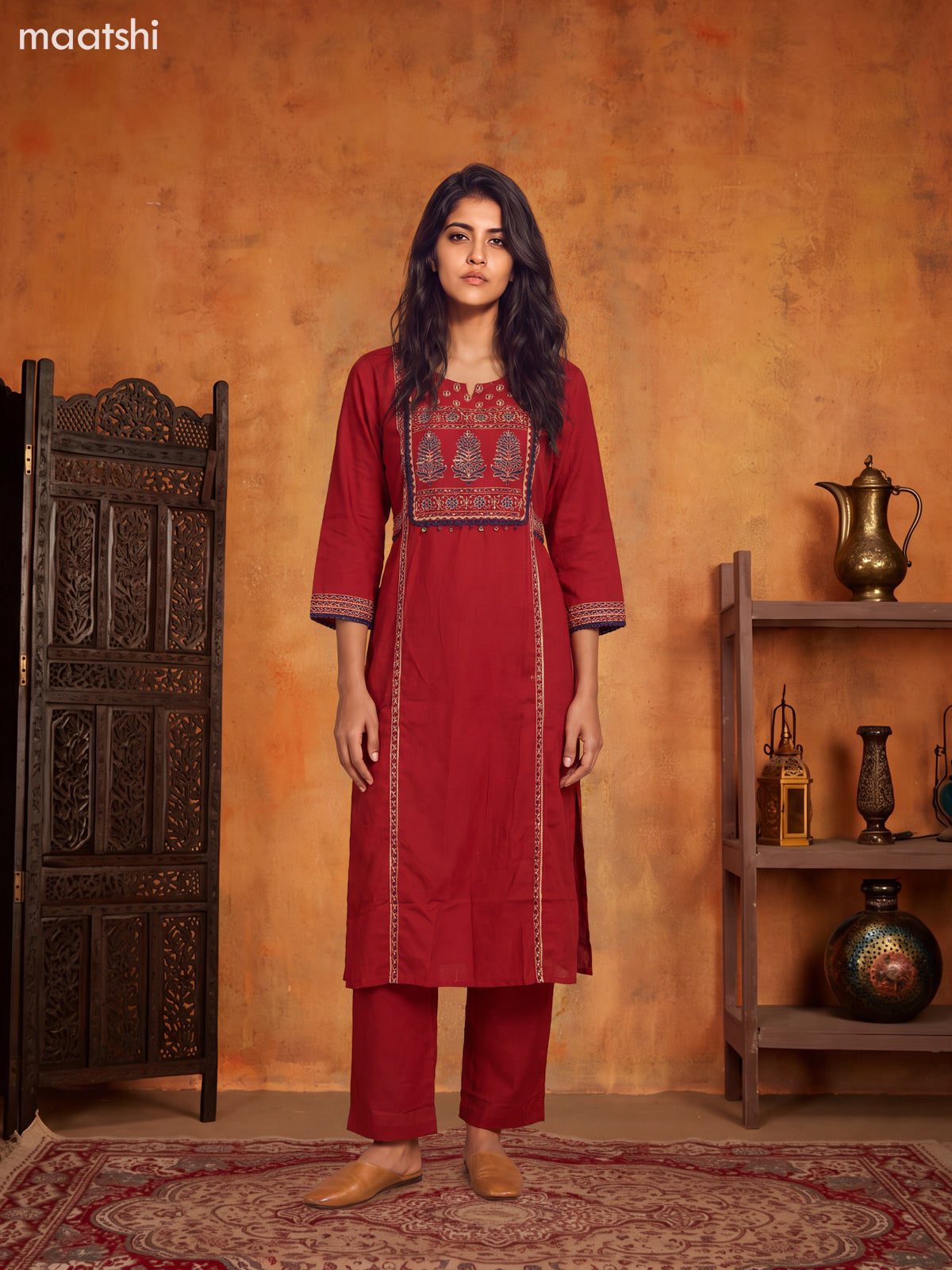 Kumkum Red Cotton Printed & Simple Embroidery Work Straight Suit