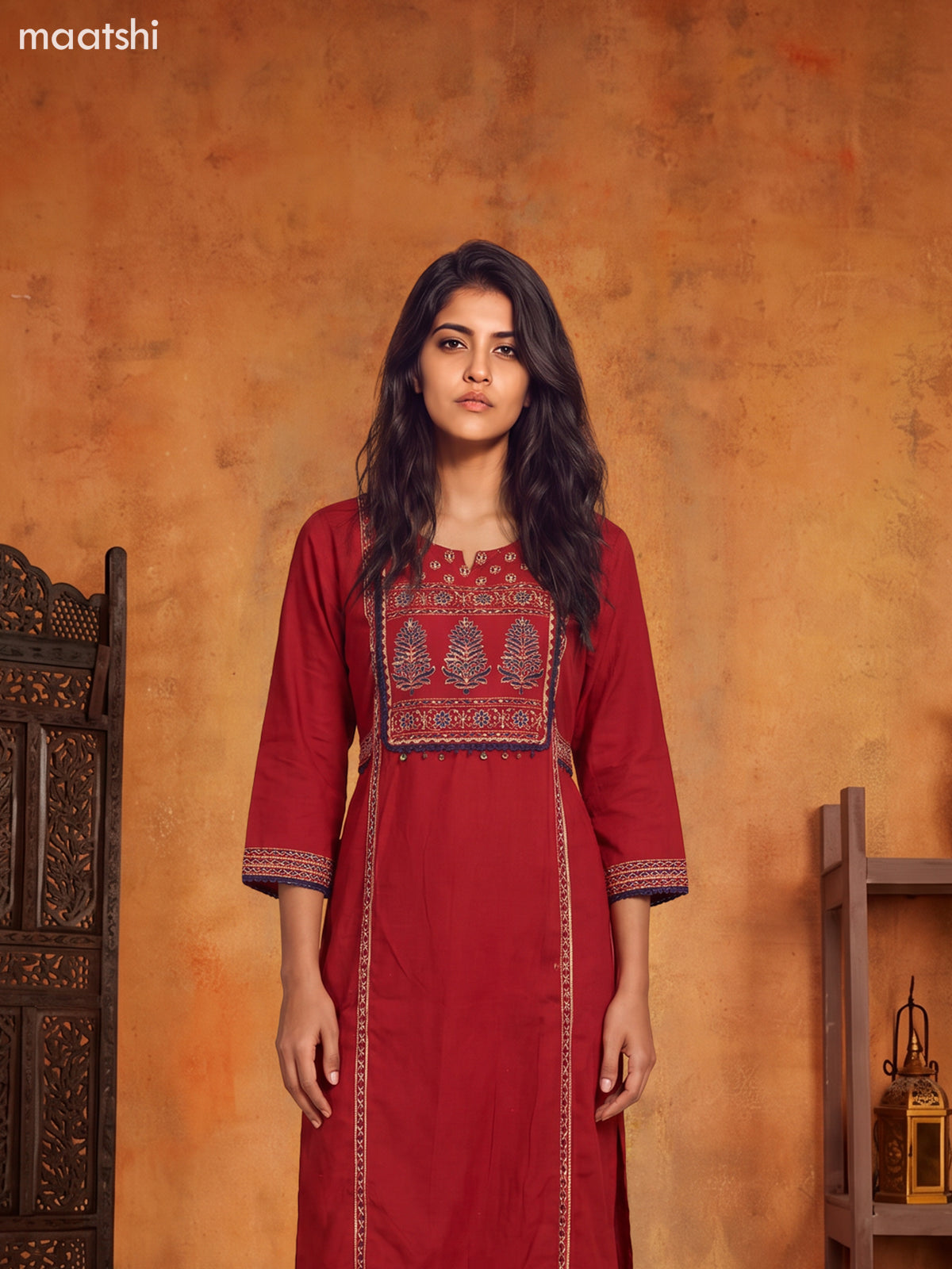 Kumkum Red Cotton Printed & Simple Embroidery Work Straight Suit