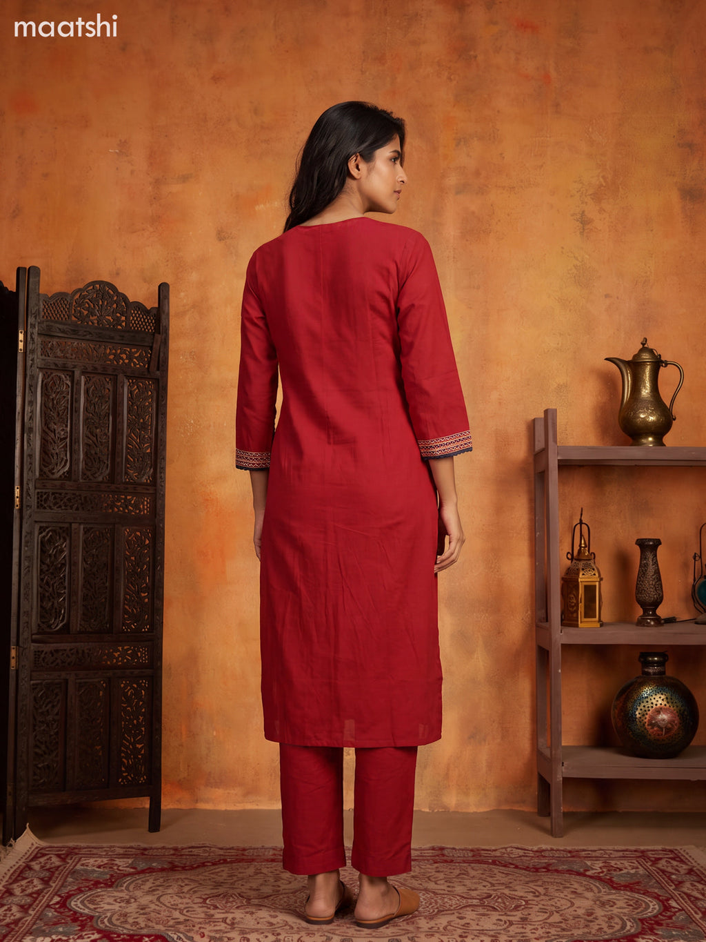 Kumkum Red Cotton Printed & Simple Embroidery Work Straight Suit