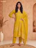 Mustard Yellow Cotton Bandhini Printed & Simple Embroidery Work Straight Suit
