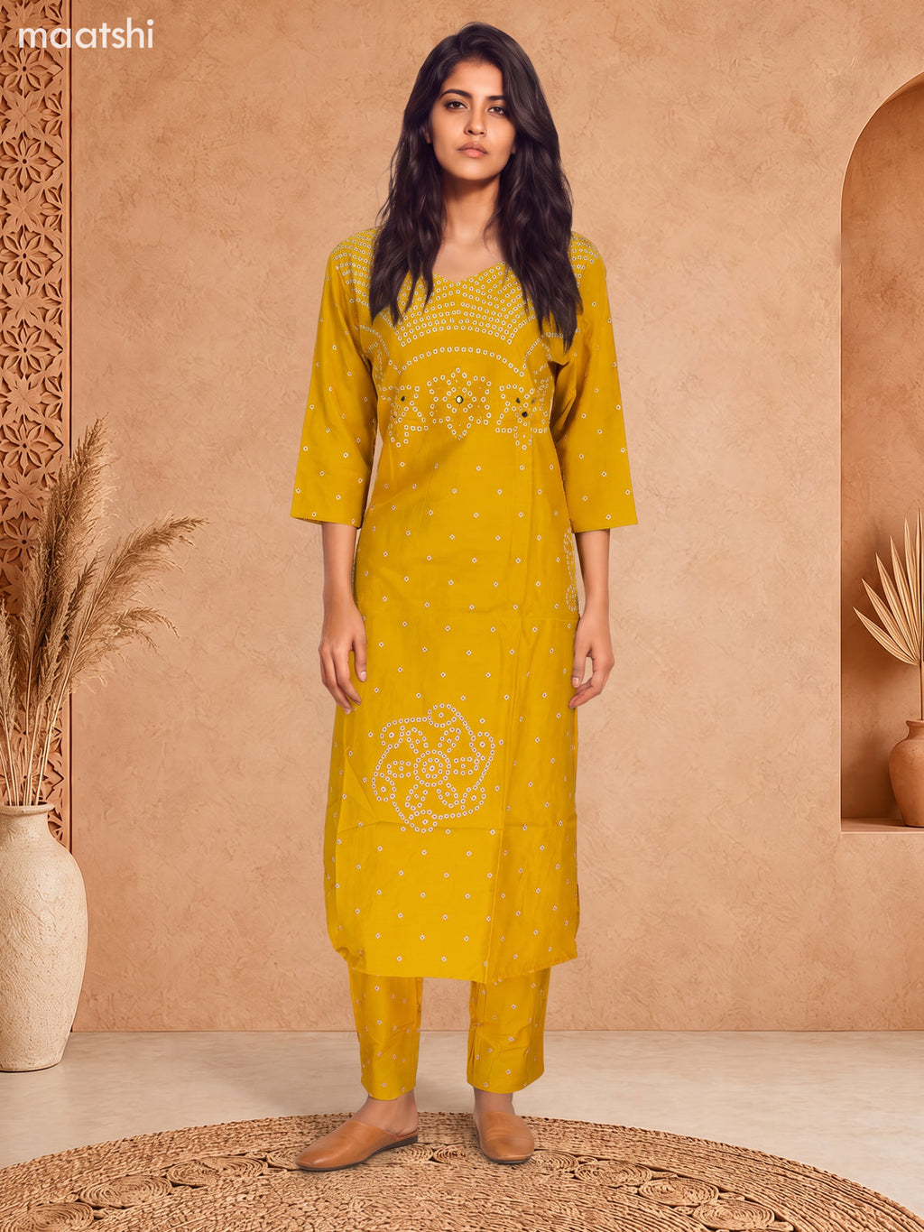 Mustard Yellow Cotton Bandhini Printed & Simple Embroidery Work Straight Suit