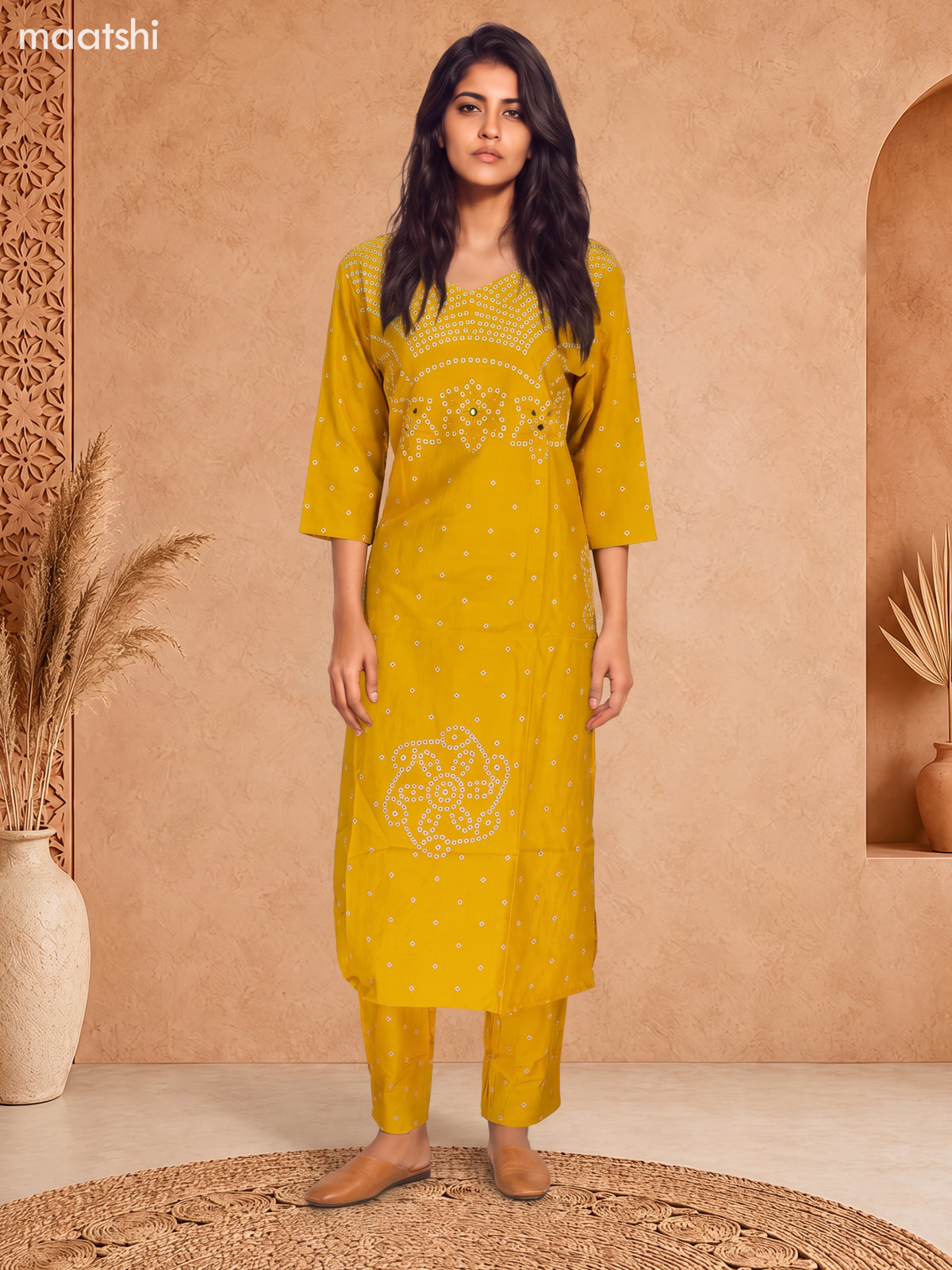 Mustard Yellow Cotton Bandhini Printed & Simple Embroidery Work Straight Suit