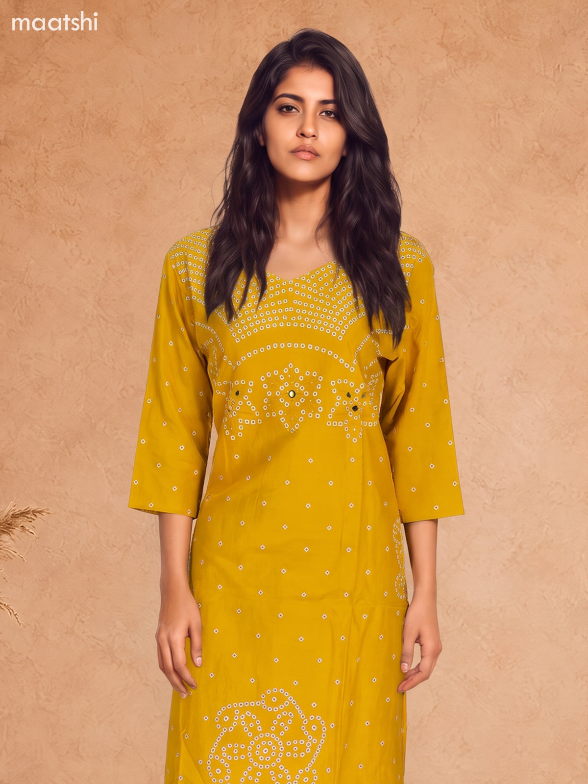 Mustard Yellow Cotton Bandhini Printed & Simple Embroidery Work Straight Suit