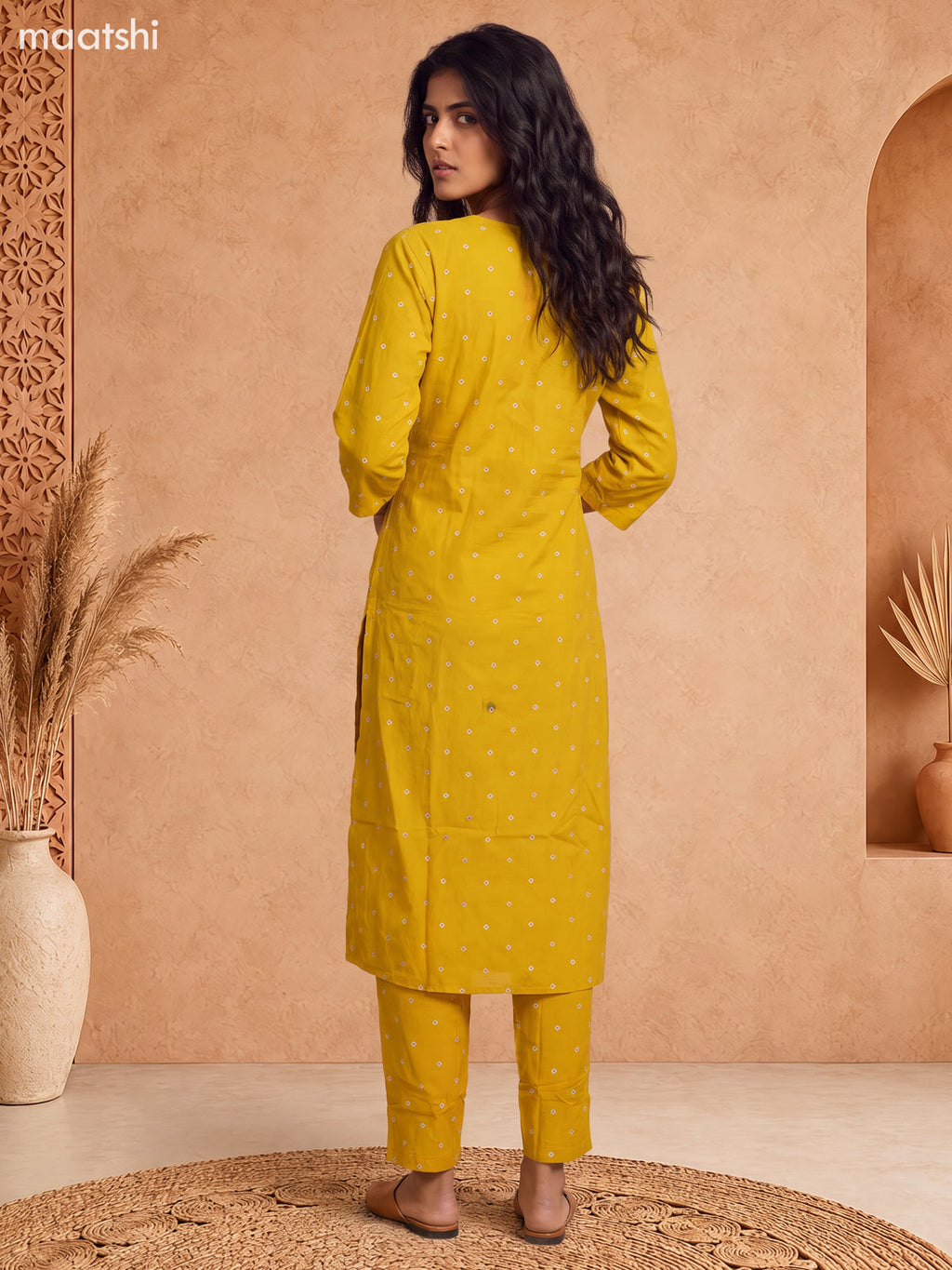 Mustard Yellow Cotton Bandhini Printed & Simple Embroidery Work Straight Suit