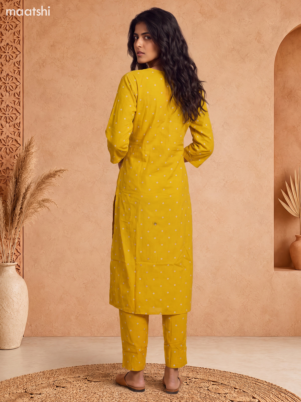 Mustard Yellow Cotton Bandhini Printed & Simple Embroidery Work Straight Suit