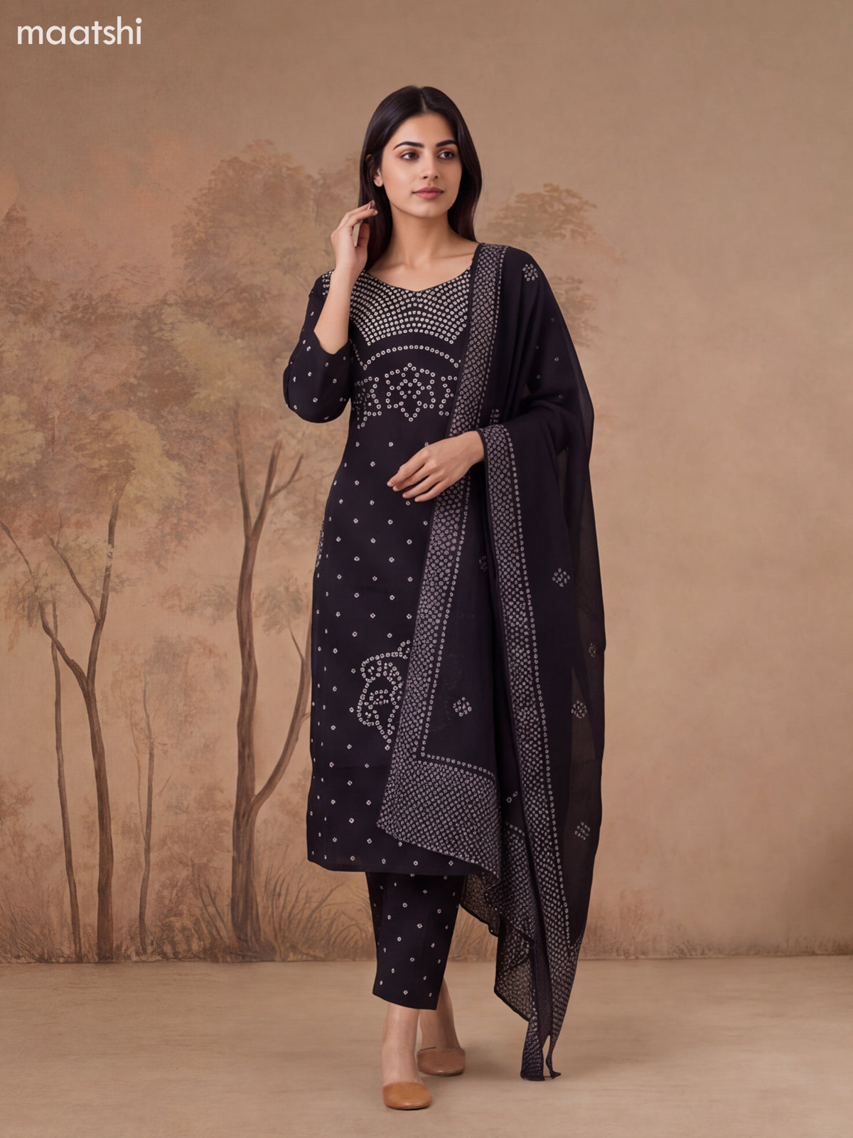 Black Cotton Bandhini Printed & Simple Embroidery Work Straight Suit