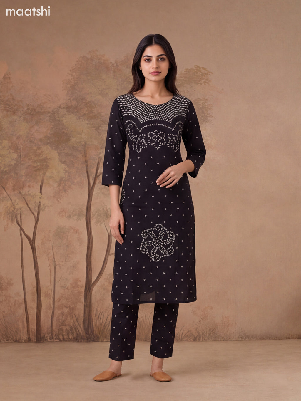 Black Cotton Bandhini Printed & Simple Embroidery Work Straight Suit