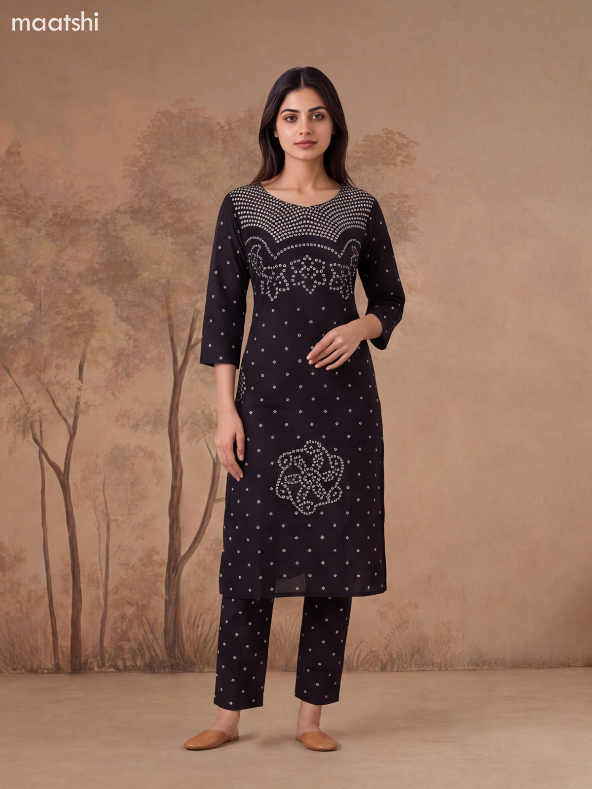 Black Cotton Bandhini Printed & Simple Embroidery Work Straight Suit