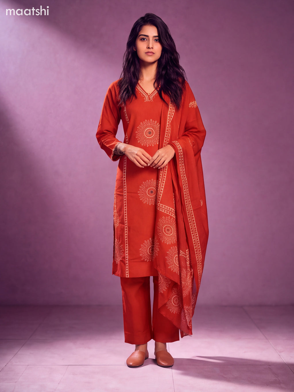 Rust Cotton Bandhini Printed & Simple Embroidery Work Straight Suit