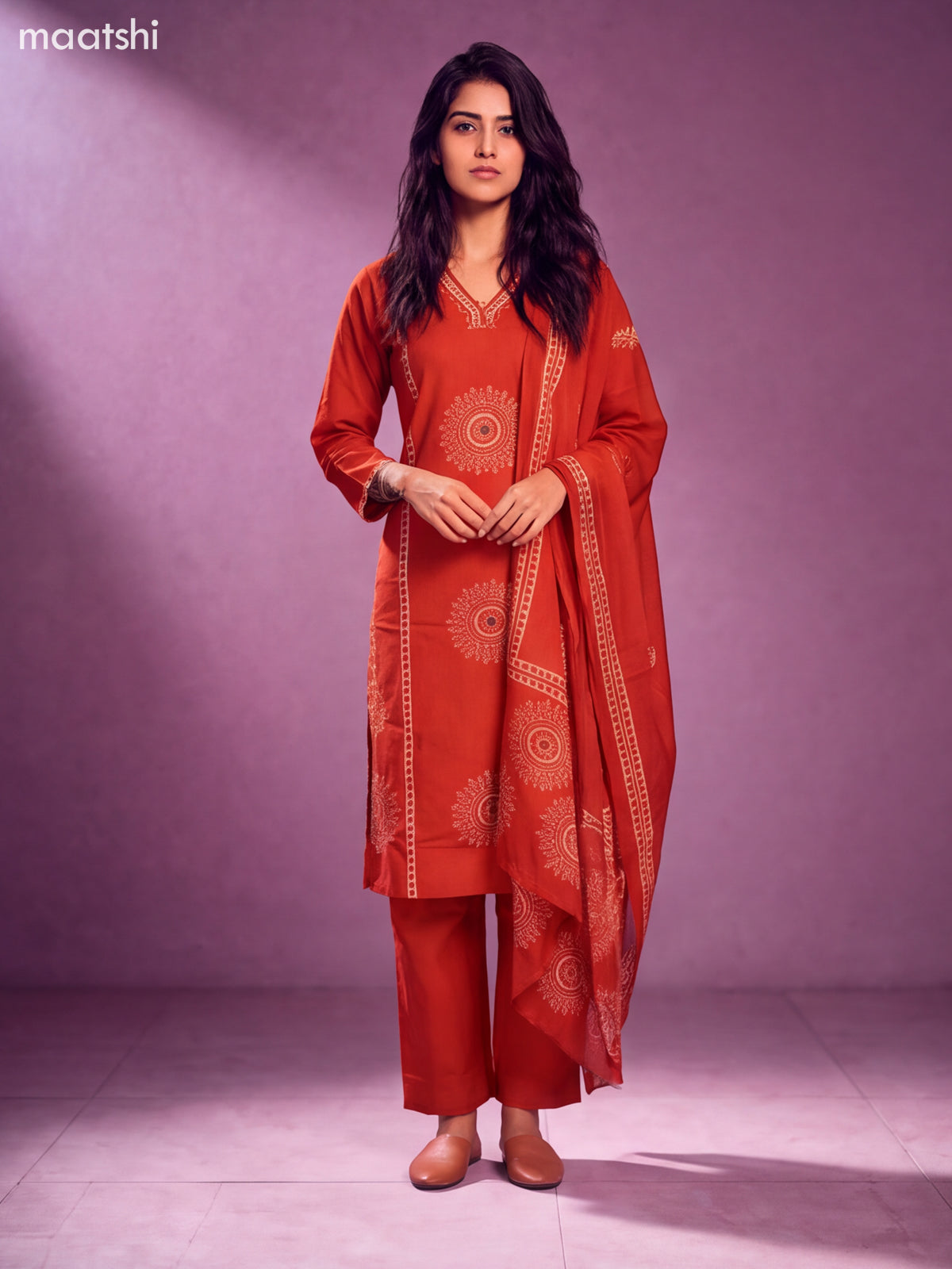 Rust Cotton Bandhini Printed & Simple Embroidery Work Straight Suit