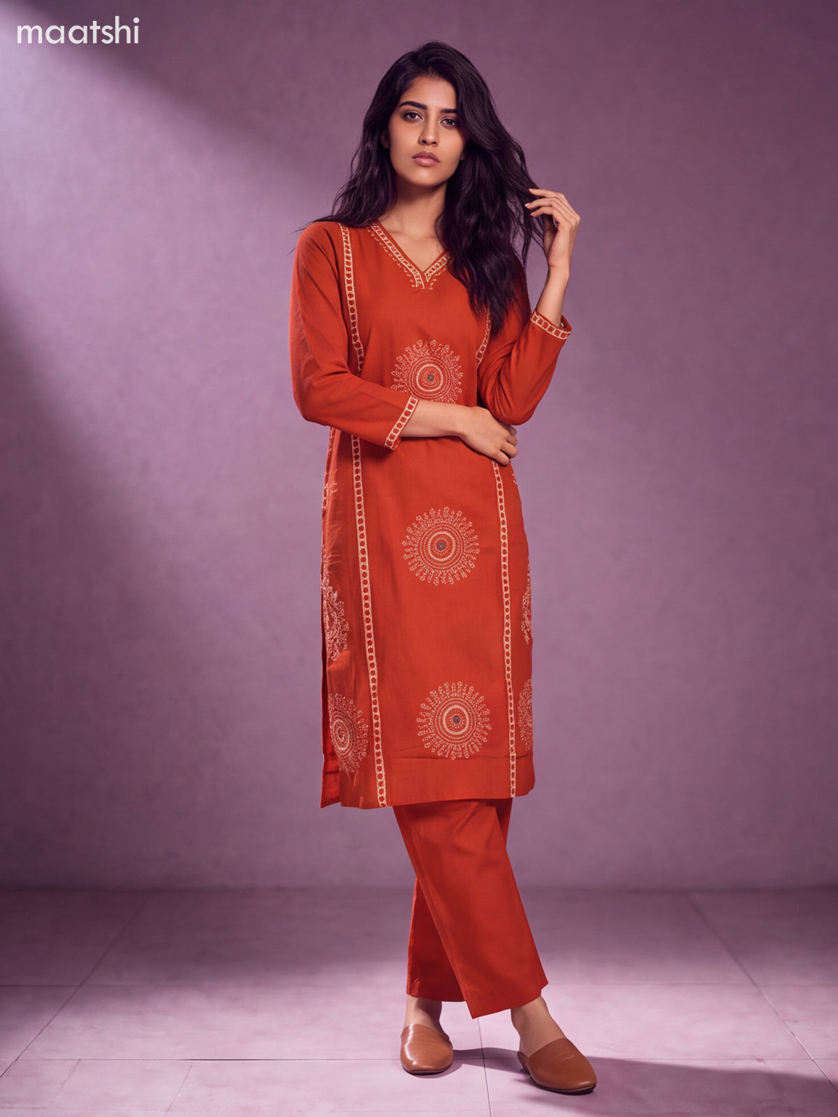 Rust Cotton Bandhini Printed & Simple Embroidery Work Straight Suit