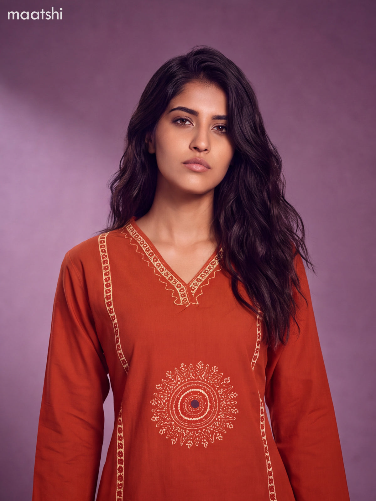 Rust Cotton Bandhini Printed & Simple Embroidery Work Straight Suit