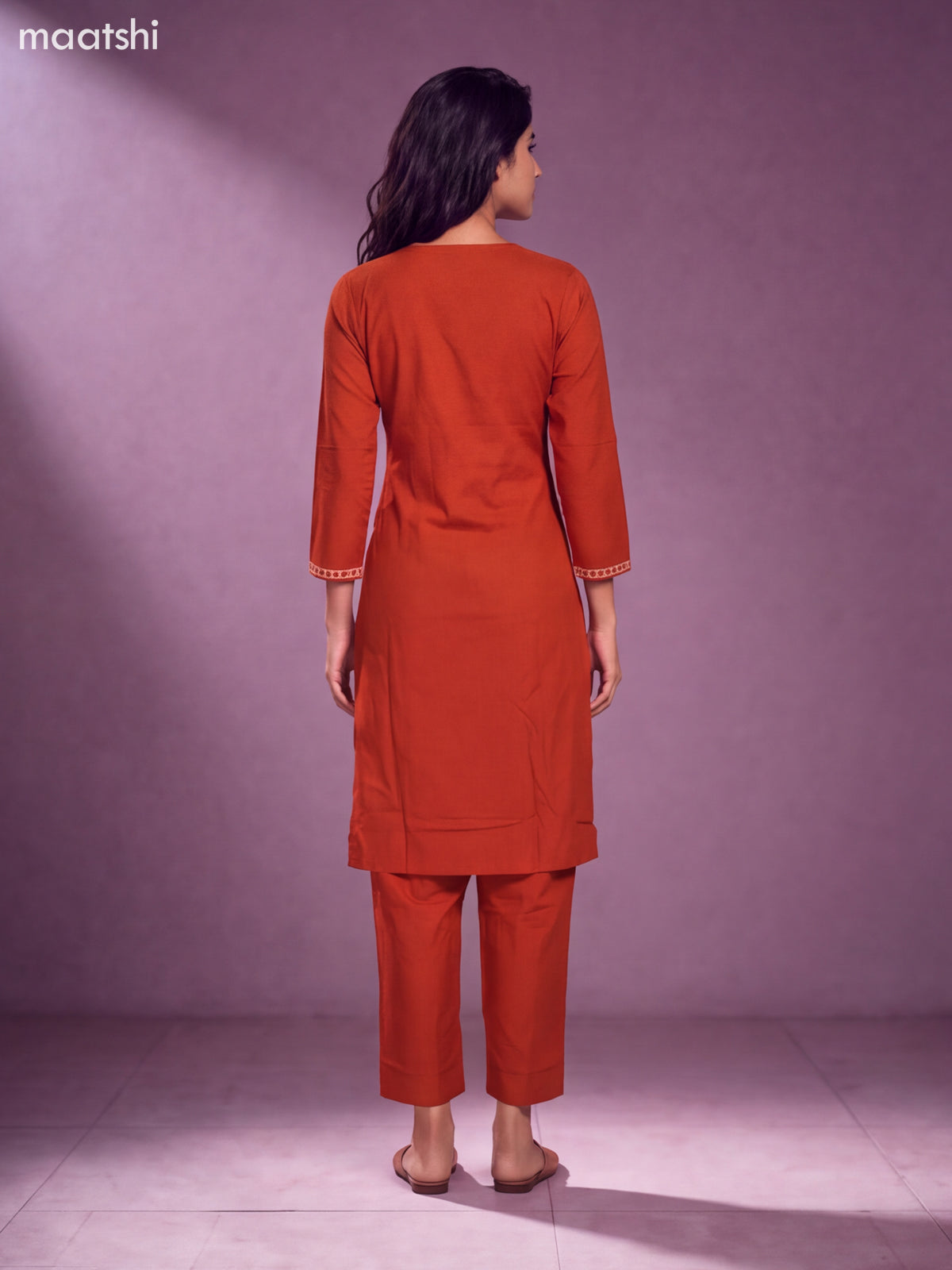 Rust Cotton Bandhini Printed & Simple Embroidery Work Straight Suit