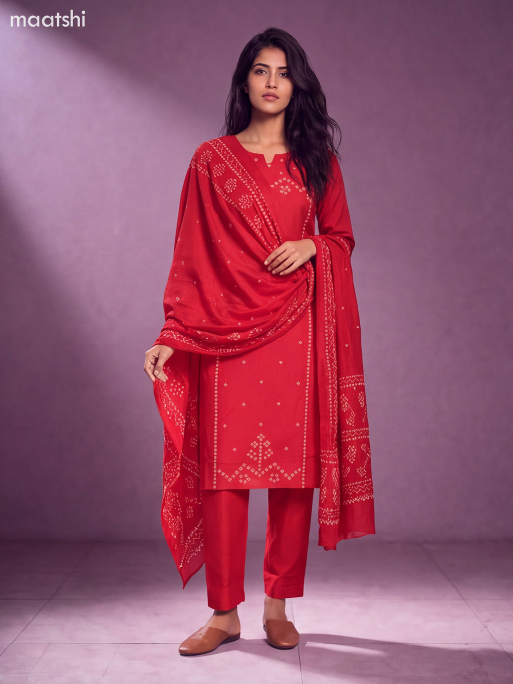 Red Cotton Bandhini Printed & Simple Embroidery Work Straight Suit