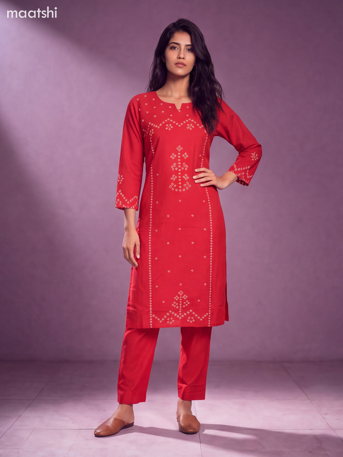 Red Cotton Bandhini Printed & Simple Embroidery Work Straight Suit