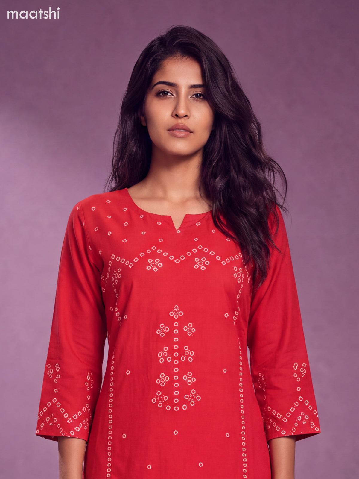 Red Cotton Bandhini Printed & Simple Embroidery Work Straight Suit