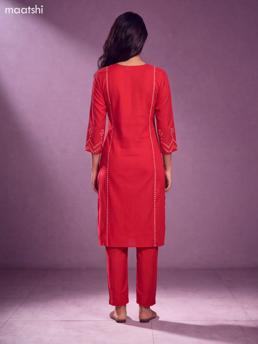 Red Cotton Bandhini Printed & Simple Embroidery Work Straight Suit