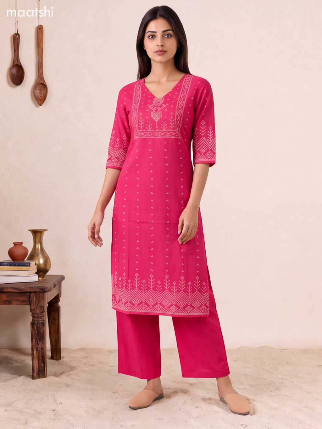Dark Pink Cotton Bandhani Printed & Simple Embroidery Straight Suit