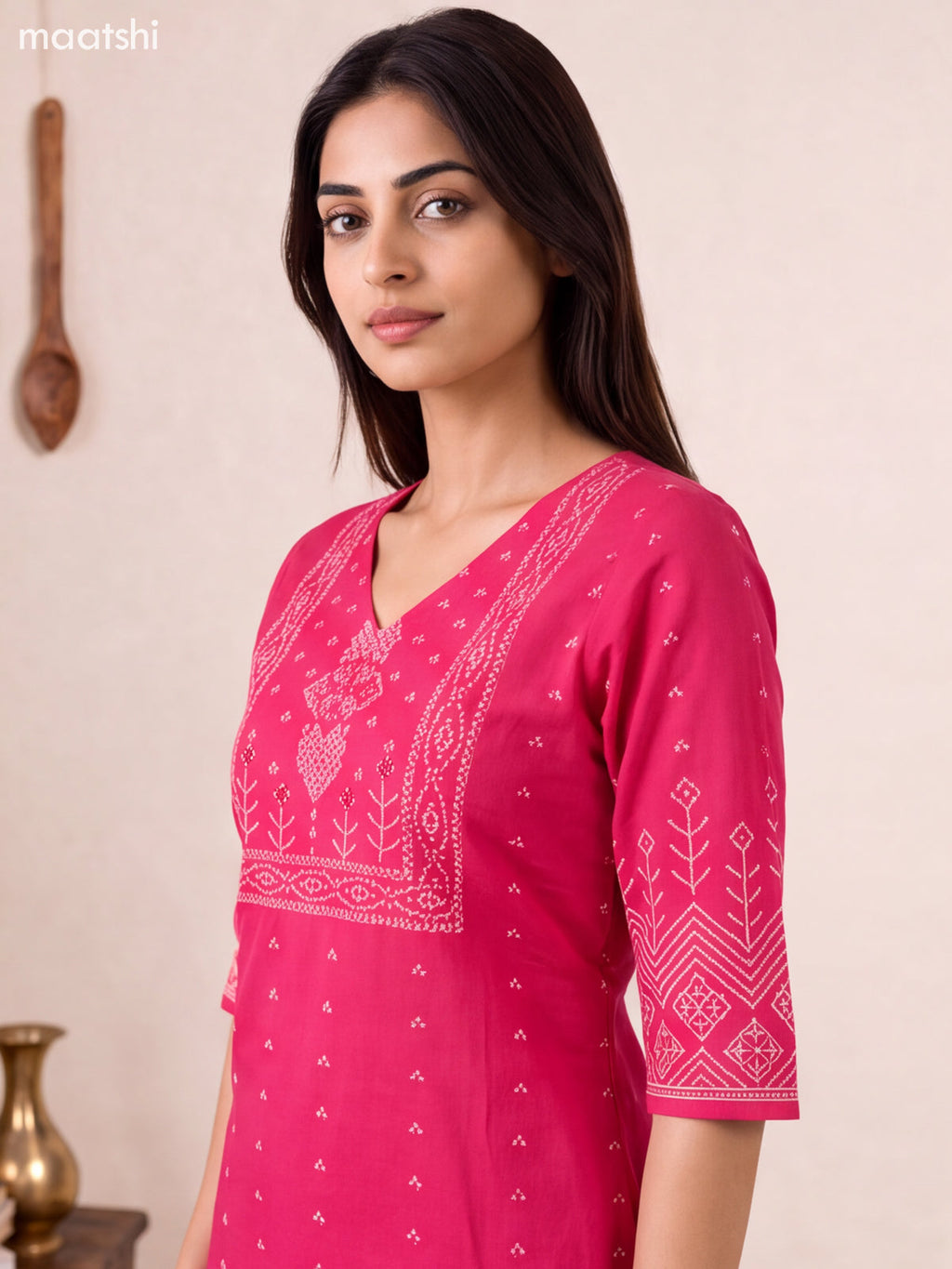 Dark Pink Cotton Bandhani Printed & Simple Embroidery Straight Suit