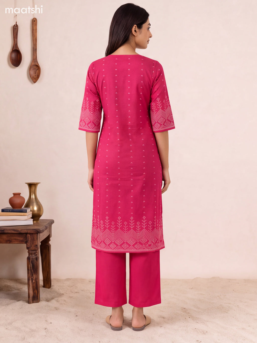 Dark Pink Cotton Bandhani Printed & Simple Embroidery Straight Suit