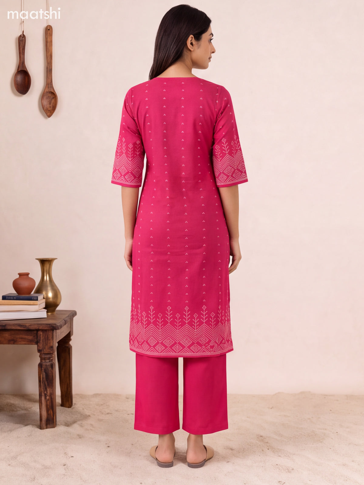 Dark Pink Cotton Bandhani Printed & Simple Embroidery Straight Suit