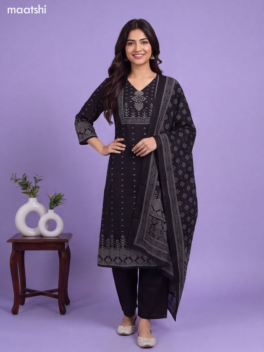 Black Cotton Bandhani Printed & Simple Embroidery Straight Suit
