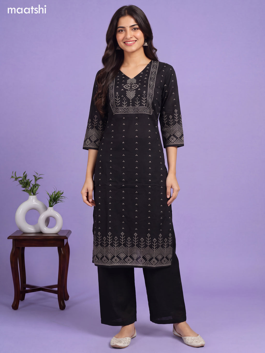Black Cotton Bandhani Printed & Simple Embroidery Straight Suit