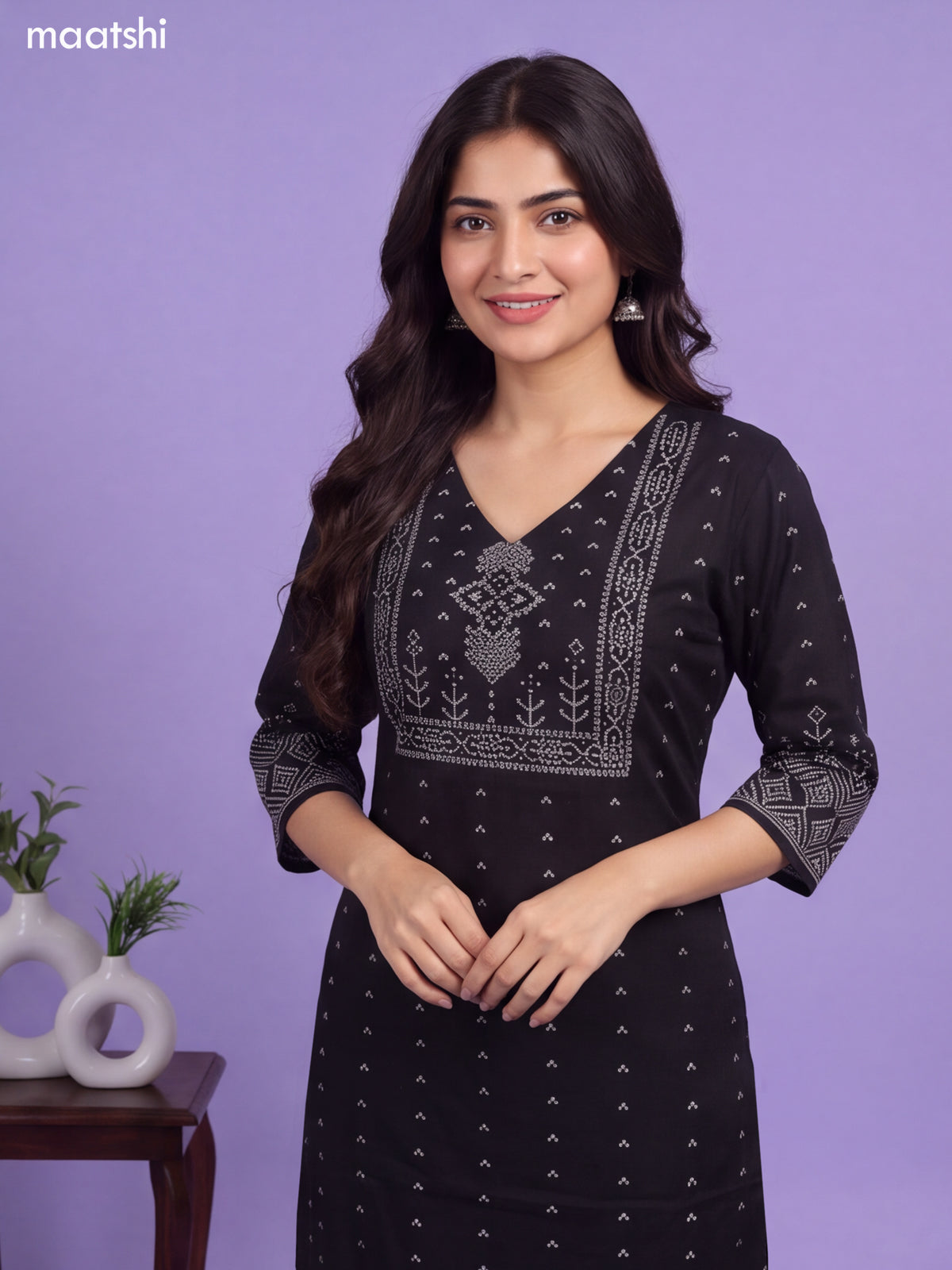 Black Cotton Bandhani Printed & Simple Embroidery Straight Suit