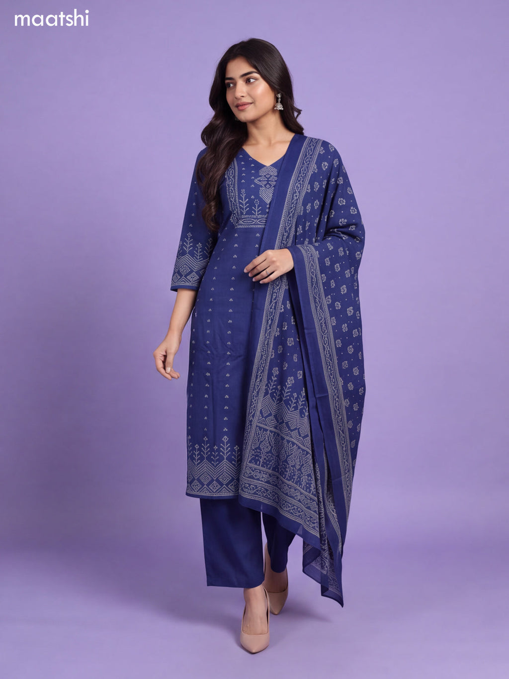 Navy Blue Cotton Bandhani Printed & Simple Embroidery Straight Suit