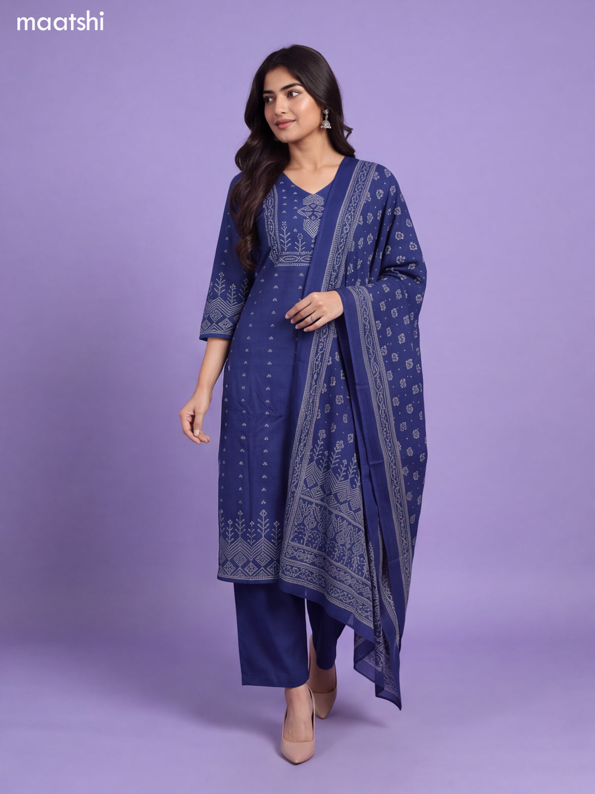 Navy Blue Cotton Bandhani Printed & Simple Embroidery Straight Suit