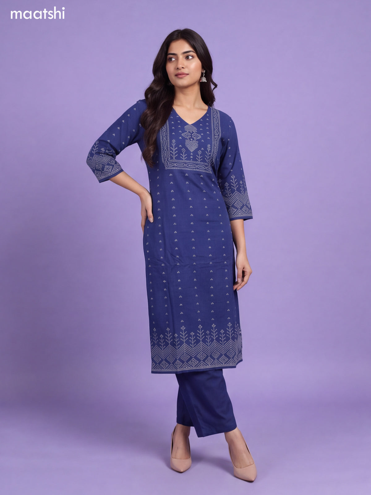 Navy Blue Cotton Bandhani Printed & Simple Embroidery Straight Suit