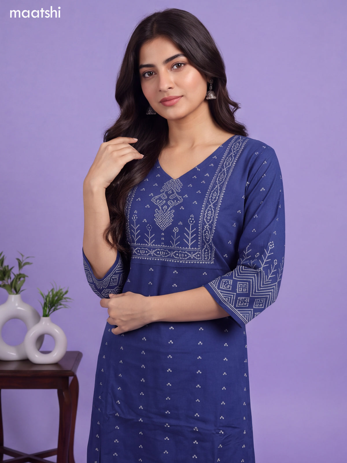 Navy Blue Cotton Bandhani Printed & Simple Embroidery Straight Suit