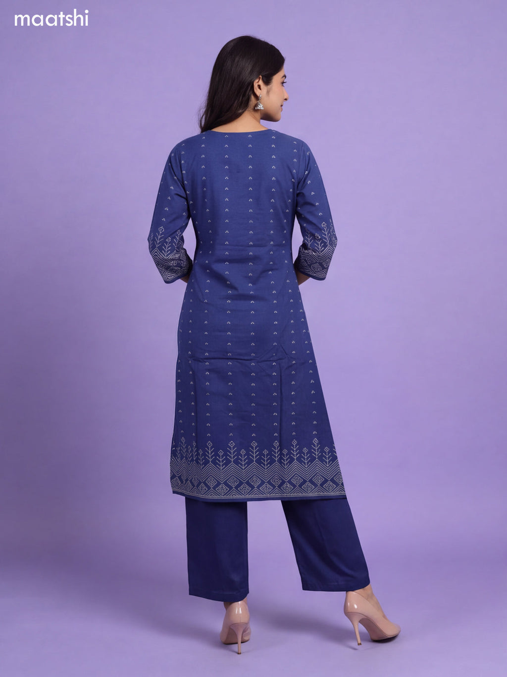 Navy Blue Cotton Bandhani Printed & Simple Embroidery Straight Suit