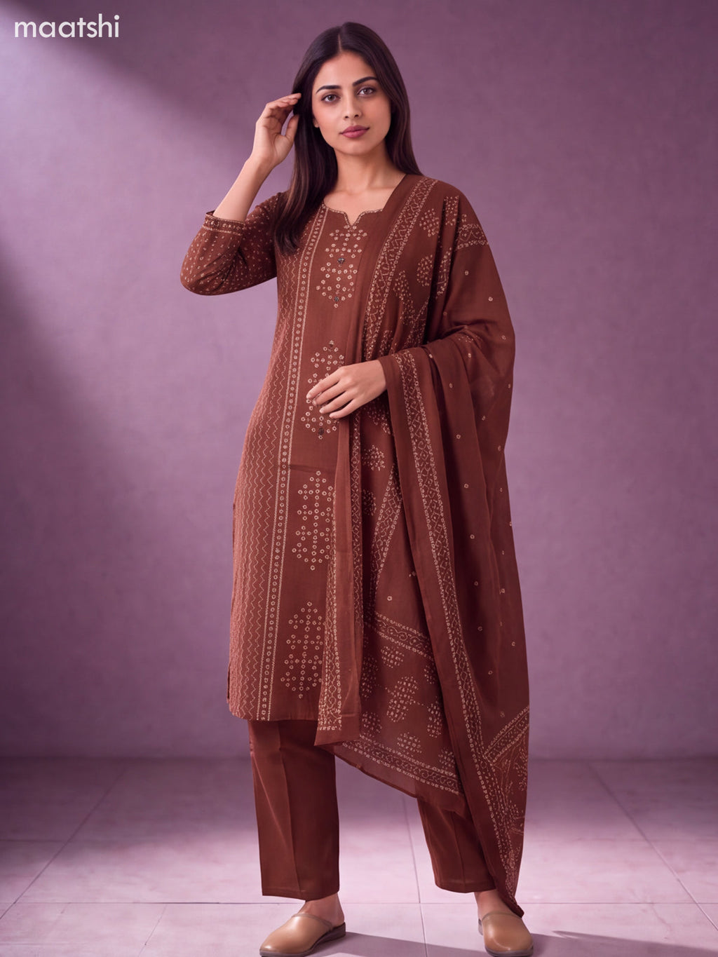 Brown Cotton Bandhani Printed Straight Suit