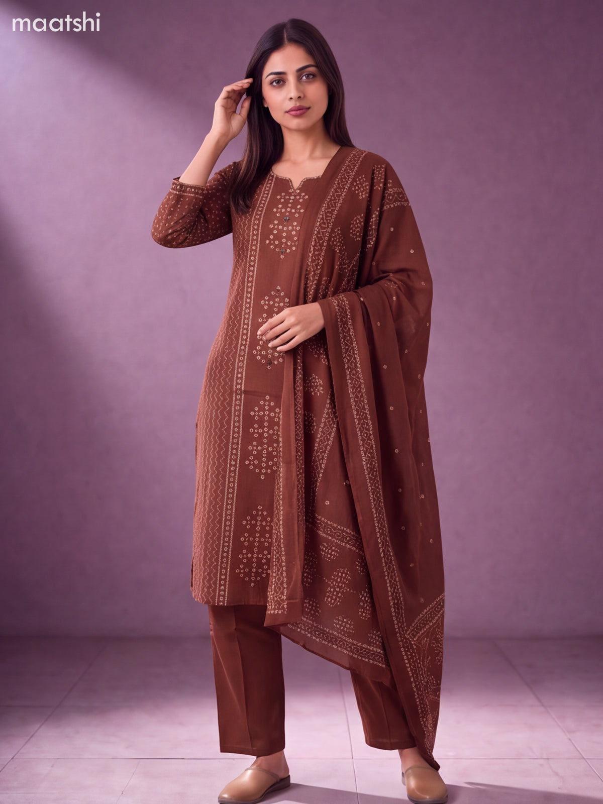 Brown Cotton Bandhani Printed Straight Suit