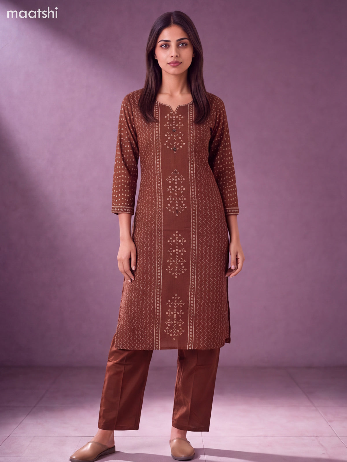 Brown Cotton Bandhani Printed Straight Suit