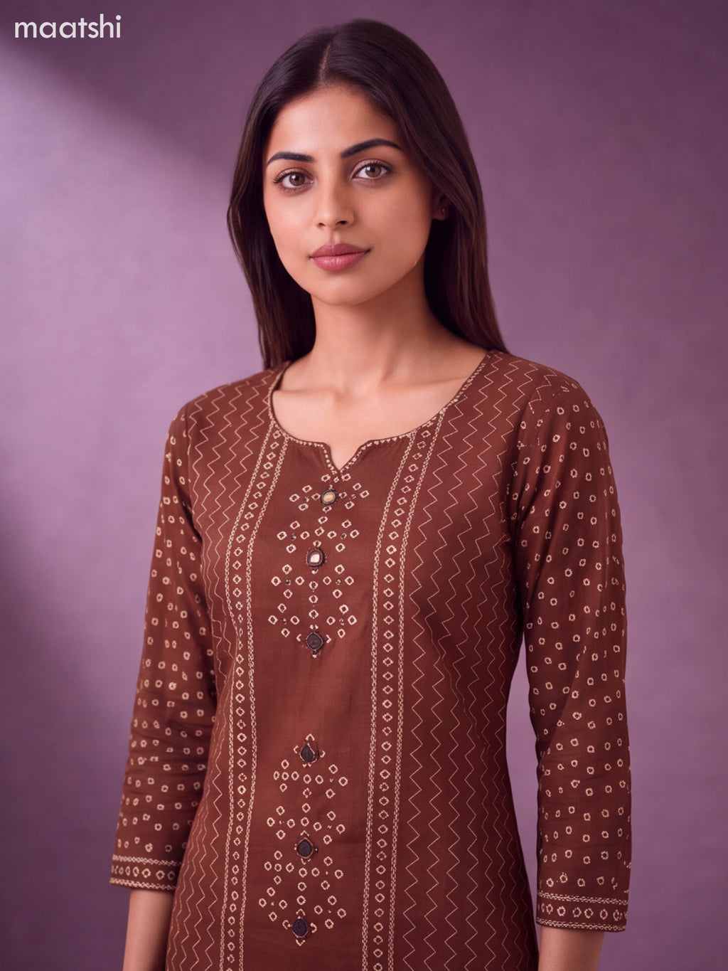 Brown Cotton Bandhani Printed Straight Suit