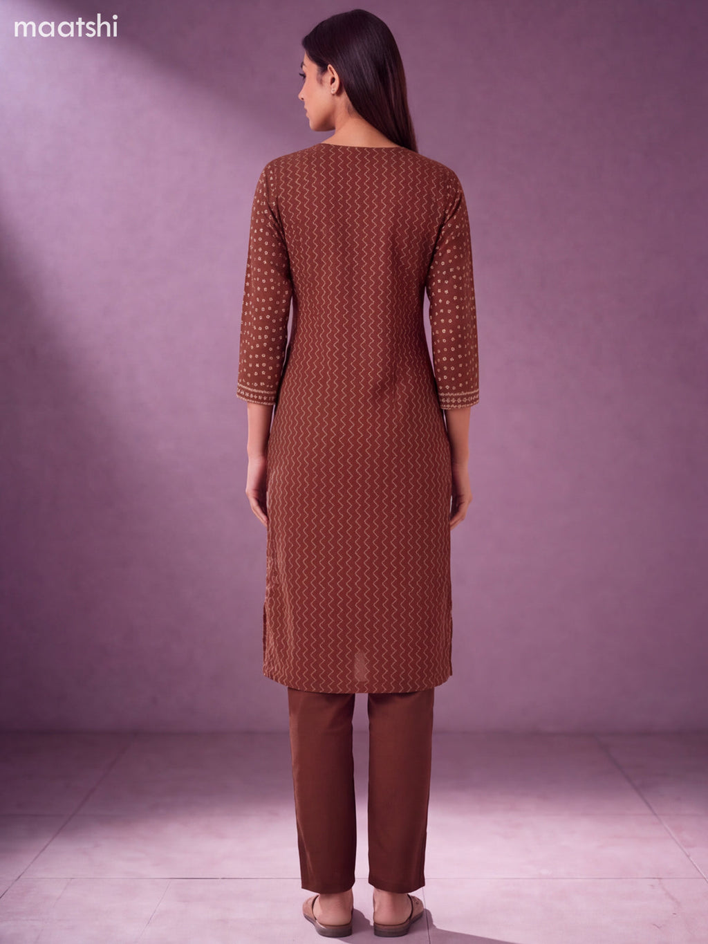 Brown Cotton Bandhani Printed Straight Suit