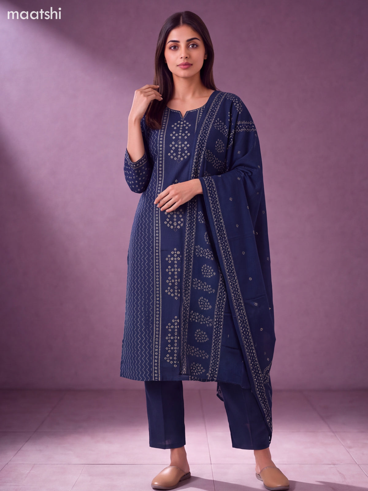 Navy Blue Cotton Bandhani Printed Straight Suit