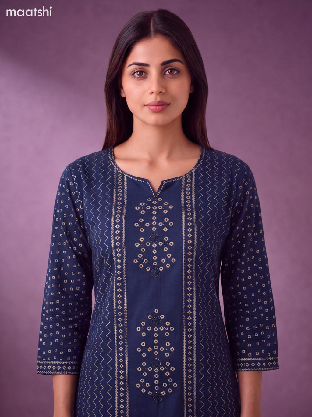 Navy Blue Cotton Bandhani Printed Straight Suit
