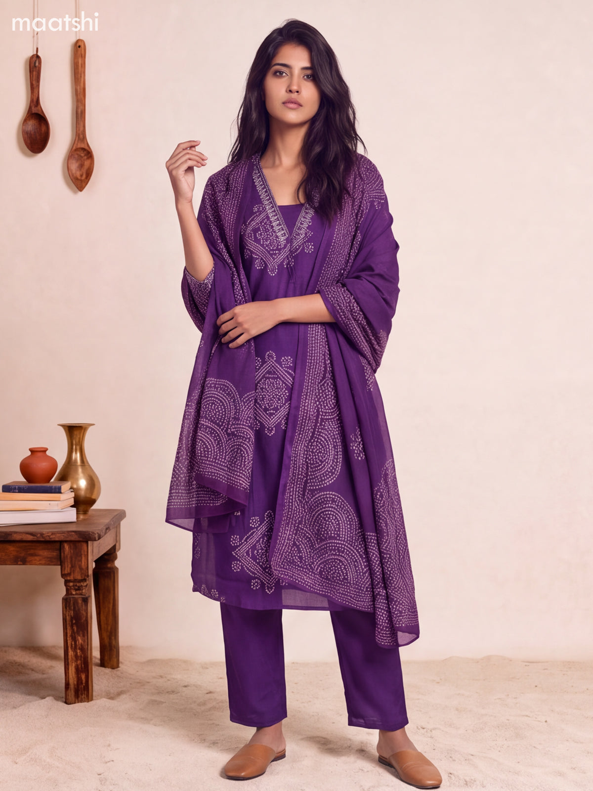 Violet Cotton Bandhani Printed Straight Suit