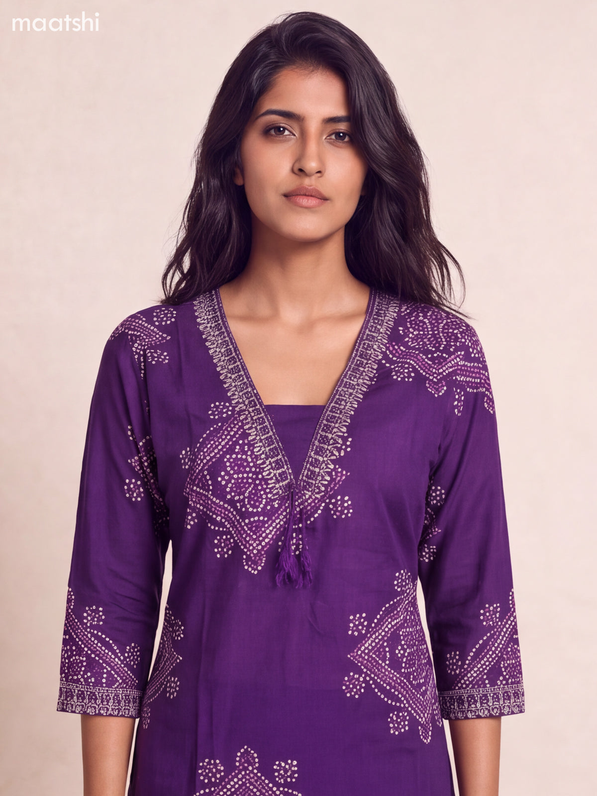 Violet Cotton Bandhani Printed Straight Suit