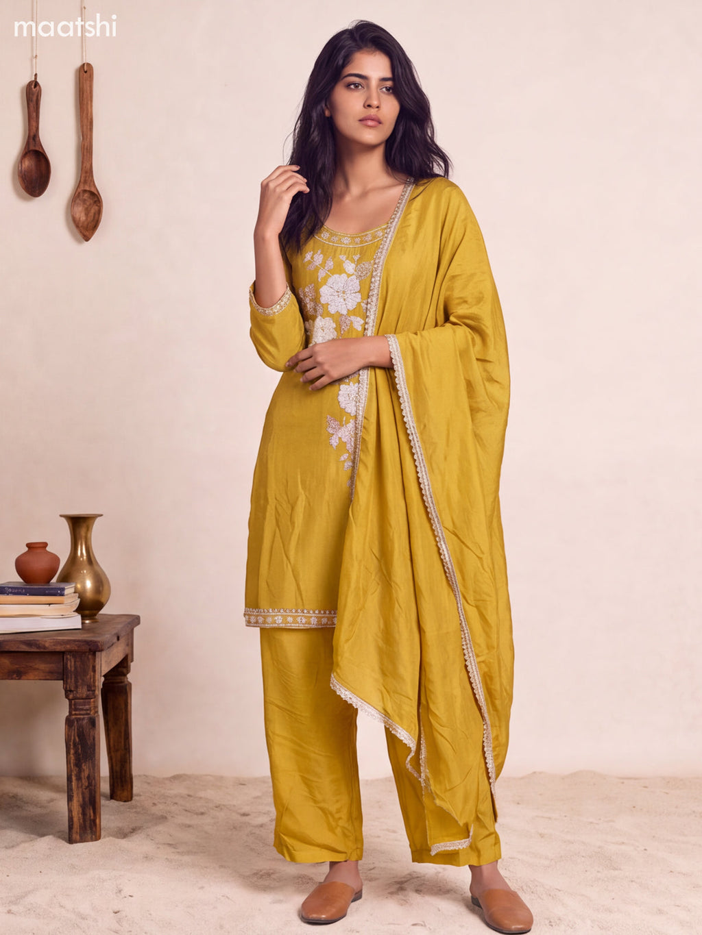 Mustard Green Art Silk Embroidery Work Straight Suit
