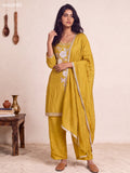 Mustard Green Art Silk Embroidery Work Straight Suit