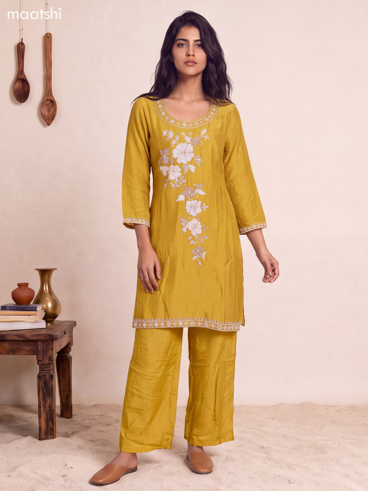 Mustard Green Art Silk Embroidery Work Straight Suit