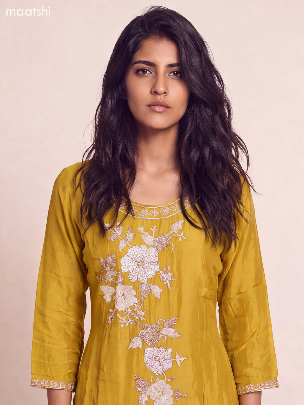 Mustard Green Art Silk Embroidery Work Straight Suit