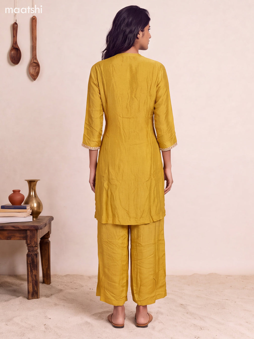 Mustard Green Art Silk Embroidery Work Straight Suit