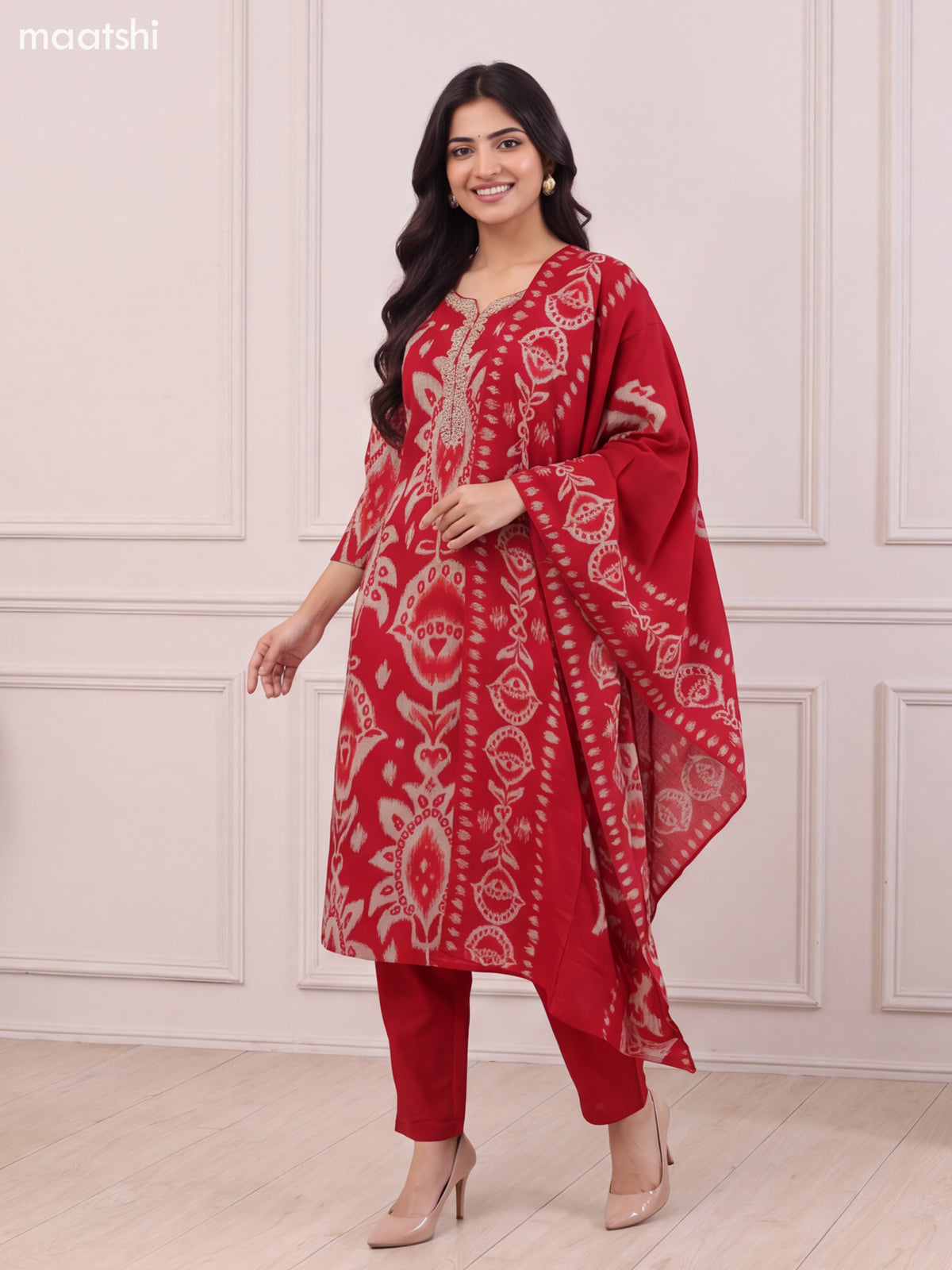 Red Modal Ikat Printed & Embroidery Work Straight Suit