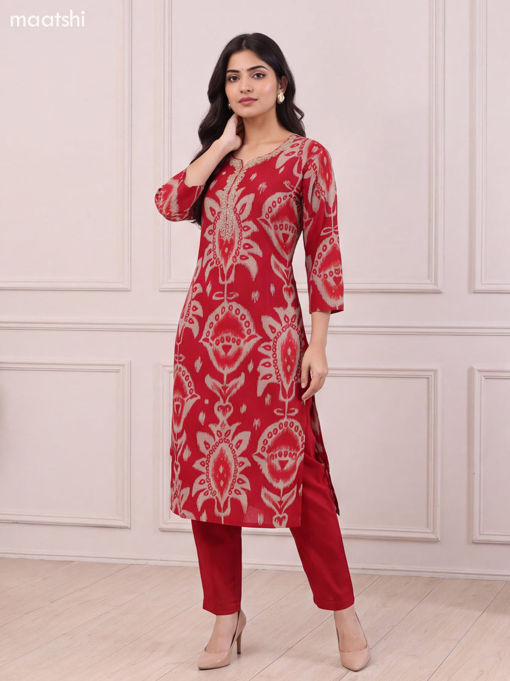 Red Modal Ikat Printed & Embroidery Work Straight Suit