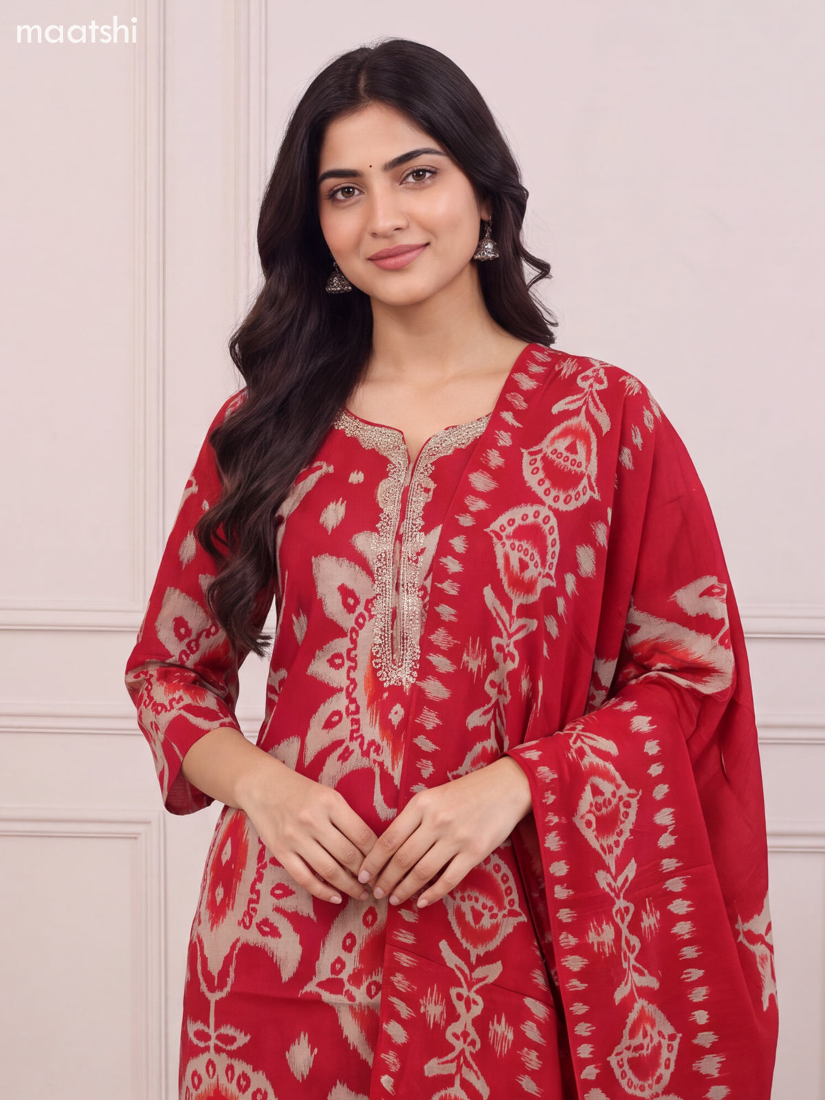 Red Modal Ikat Printed & Embroidery Work Straight Suit